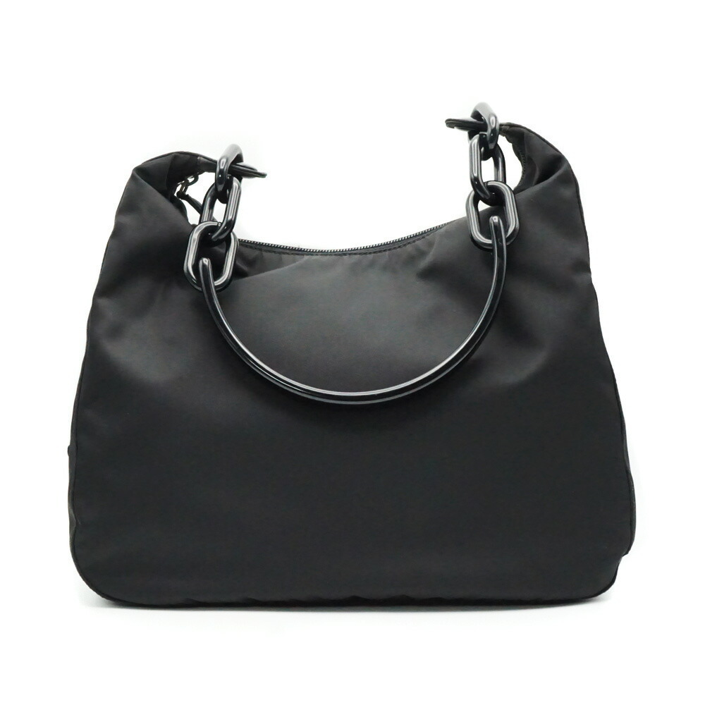 Prada One Shoulder Hobo Bag Tessuto Leather Chain Black